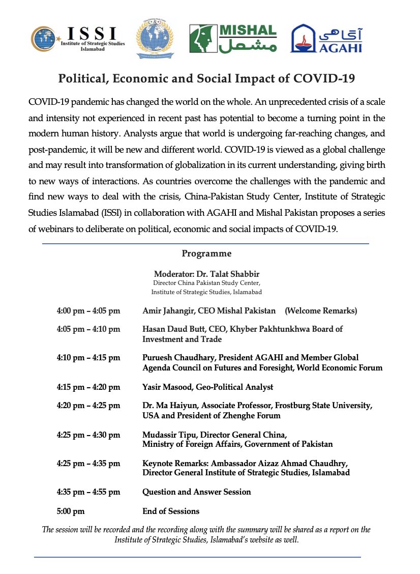 amirjahangir's tweet photo. The @CPSC_ISSI of @ISSIslamabad webinar on #Political, #Economic and #Social Impact of #COVID19 will be held at 4:00 pm Pakistan Standard Time on April 16, 2020. Please register at: https://t.co/j7Y7AMmmmf https://t.co/eaD3hvpMFH