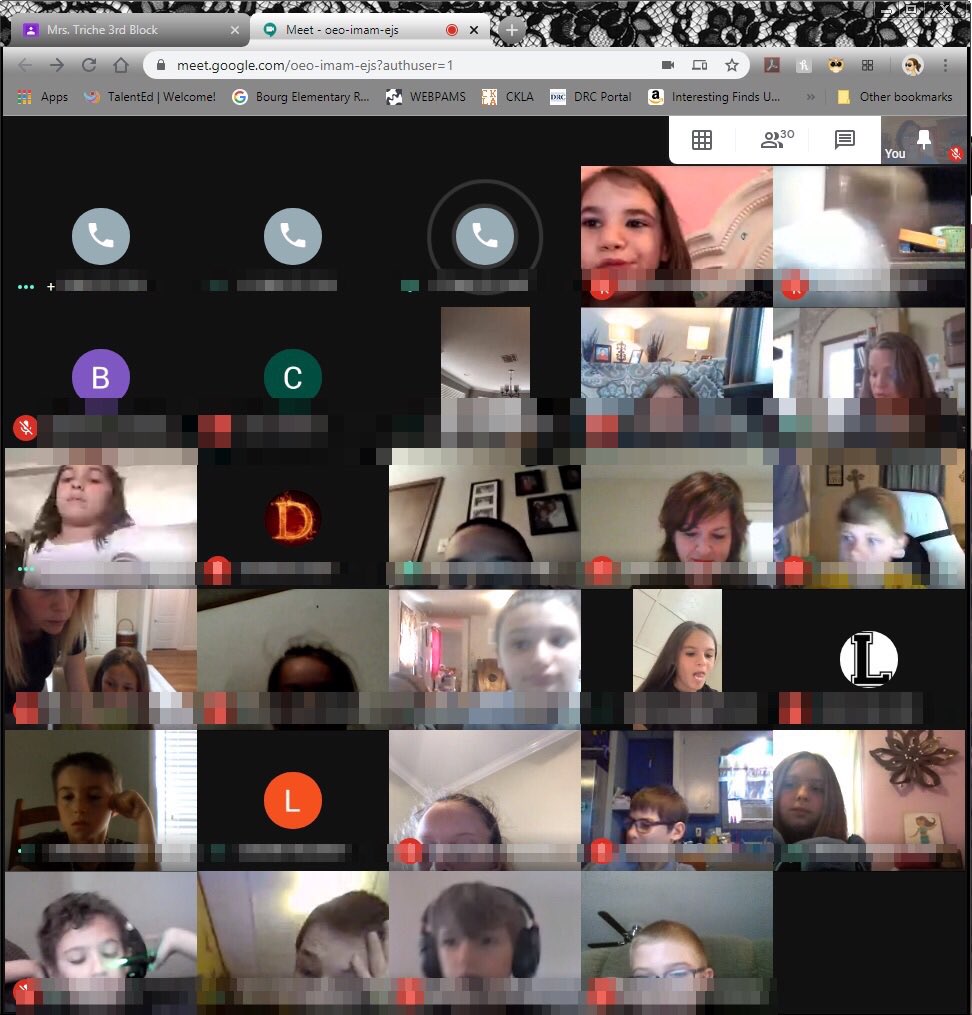 BourgElementary's tweet photo. Mrs. Triche held a google meet with her 4th graders today! 
#wherelittlelionsroar #differencemakers #distancelearning #mathmatters #tpsdpride https://t.co/0BxMP9fcYD