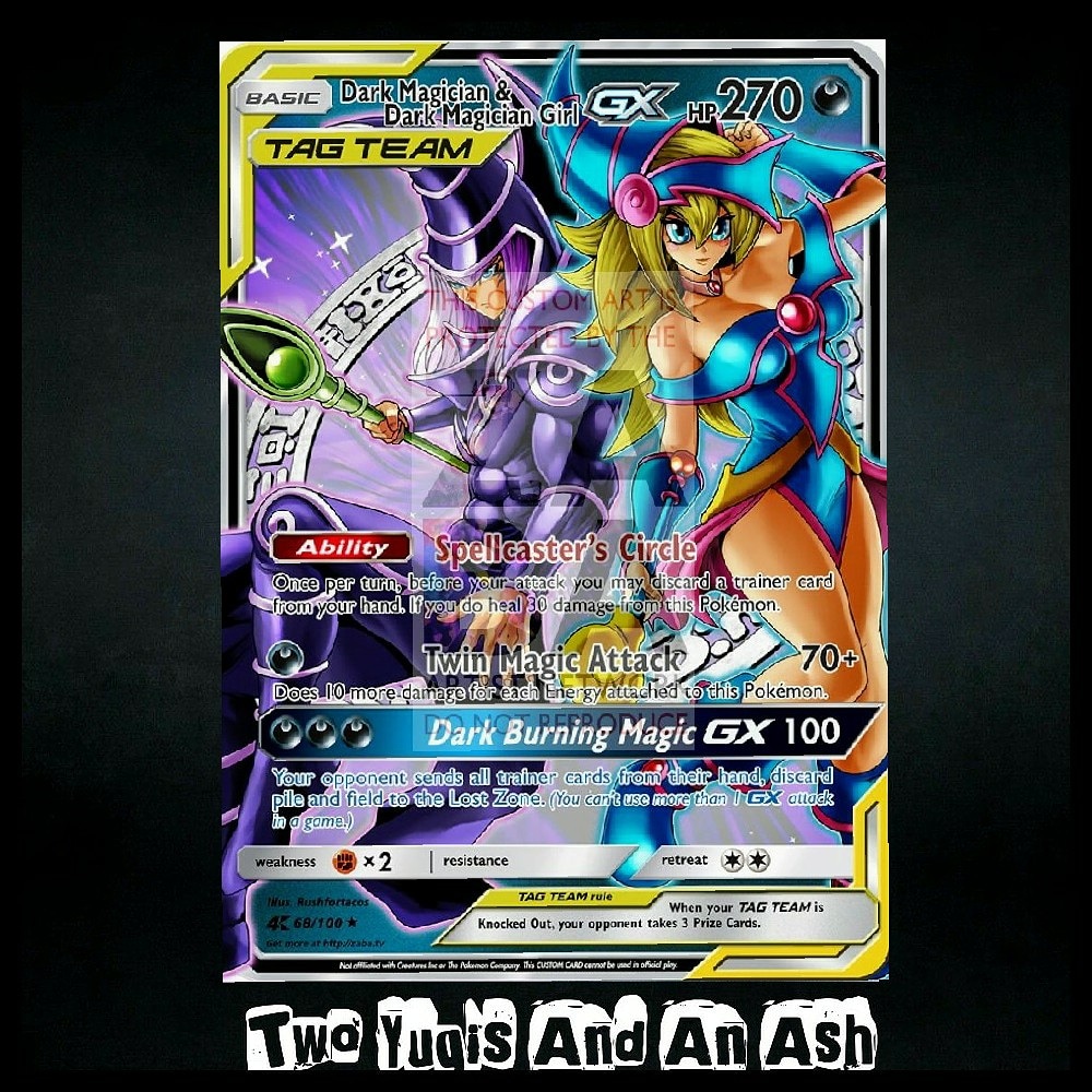 TwoYugis's tweet photo. Card of the day #customcard #darkmagician #darkmagiciangirl #pokemongx #mashup #yugioh #pokemon #tcg #cardlife https://t.co/Hir8f3aORd
