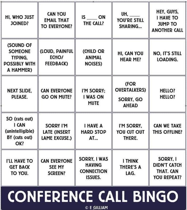 JH_Fintech's tweet photo. Have a day full of virtual meetings? Play a game of Conference Call Bingo! Some of our associates recently played during a call and had a blast. https://t.co/yHdWHrDFf3