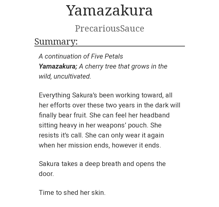 Yamazakura By PrecariousSauce https://archiveofourown.org/works/23182411/chapters/55490530Part 3 of the Five Petals series