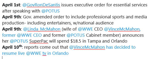 Could politics be in play for  @WWE to be deemed essential personnel? We have asked  @GovRonDeSantis office about this.  @Linda_McMahon is wife of  @WWE CEO  @VinceMcMahon. She served on  @POTUS Cabinet & now runs Pro-Trump Superpac “America F1rst Action”.  @WWE live tv is in Orlando.