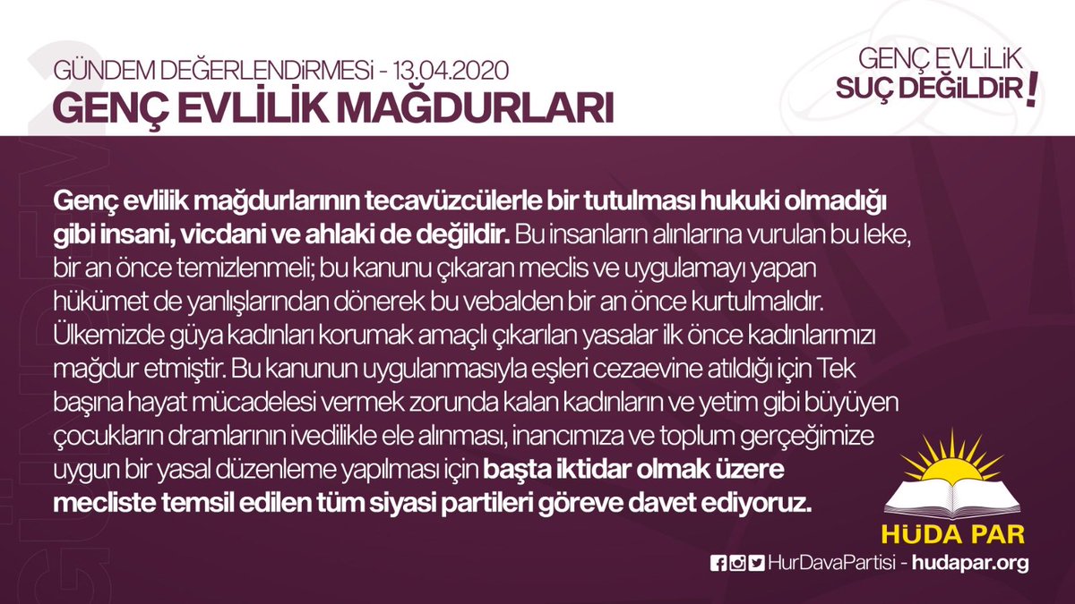 Genel Başkanımız Sn. İshak Sağlam’ın #GençEvlilikMağdurları hakkında değerlendirmeleri...

"...Genç evlilik mağdurlarının tecavüzcülerle bir tutulması hukuki olmadığı gibi insani, vicdani ve ahlaki de değildir..."

#ALLAHBELANIZIVERSIN
TecavüzcüDeğil BizAileyiz
#BöyleAfOlmaz