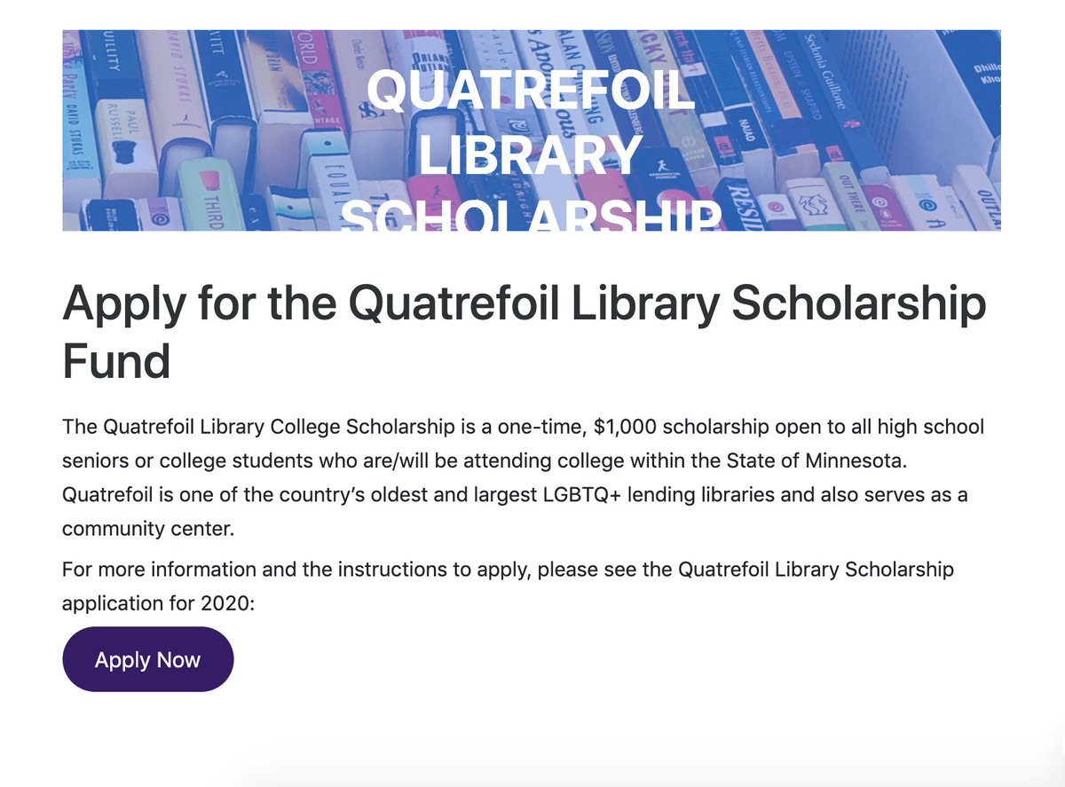Scholarship Opportunity!  <a href="/Q_Library/">🏳️‍🌈📚 Quatrefoil Library 📚🏳️‍🌈</a> is offering a "$1,000 scholarship open to all high school seniors or college students who are/will be attending college within the State of Minnesota." Follow the link to apply! bit.ly/Qlibscholar
#equity #spps #scholarship #outforequity