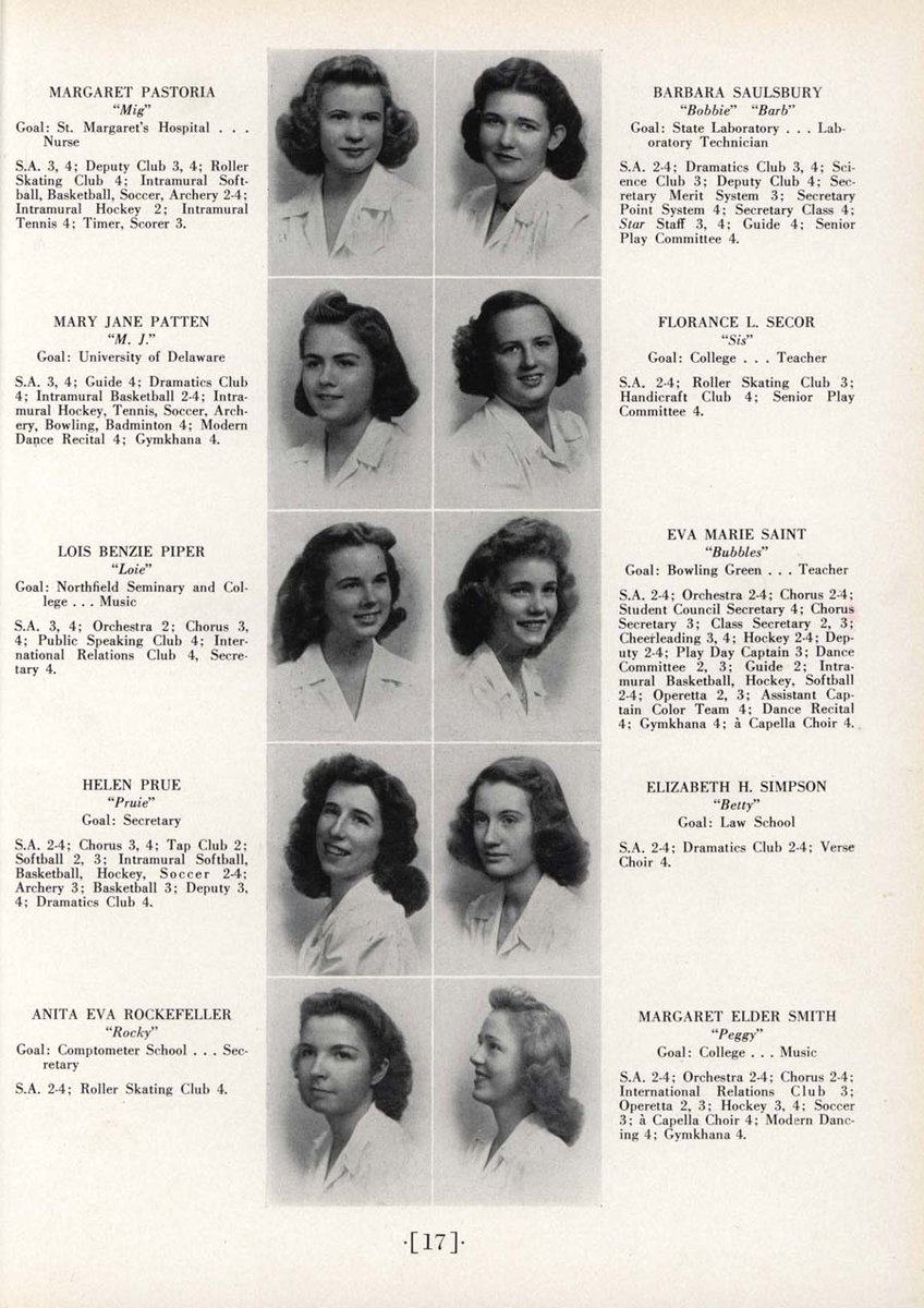 My high school, also Eva Marie Saint's, digitized the entire year book collection so I went looking for the  @TCM favorite, who graduated in 1942. "Bubbles" was also in...everything! My God, how did she study? #TCMParty  #LetsMovie  #TCM26