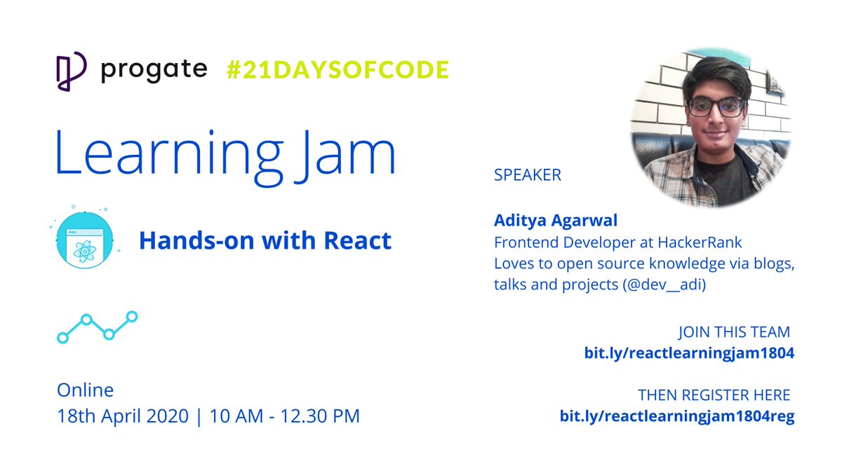 yashrajnayak's tweet image. Calling everyone who is looking to learn #React! ⚛

@dev__adi (Frontend Dev at HackerRank) will be speaking at #LearningJam this Saturday 18th April!

Join this team: bit.ly/reactlearningj… and then register here: bit.ly/reactlearningj…

@progateEN #21daysofcode #100daysofcode