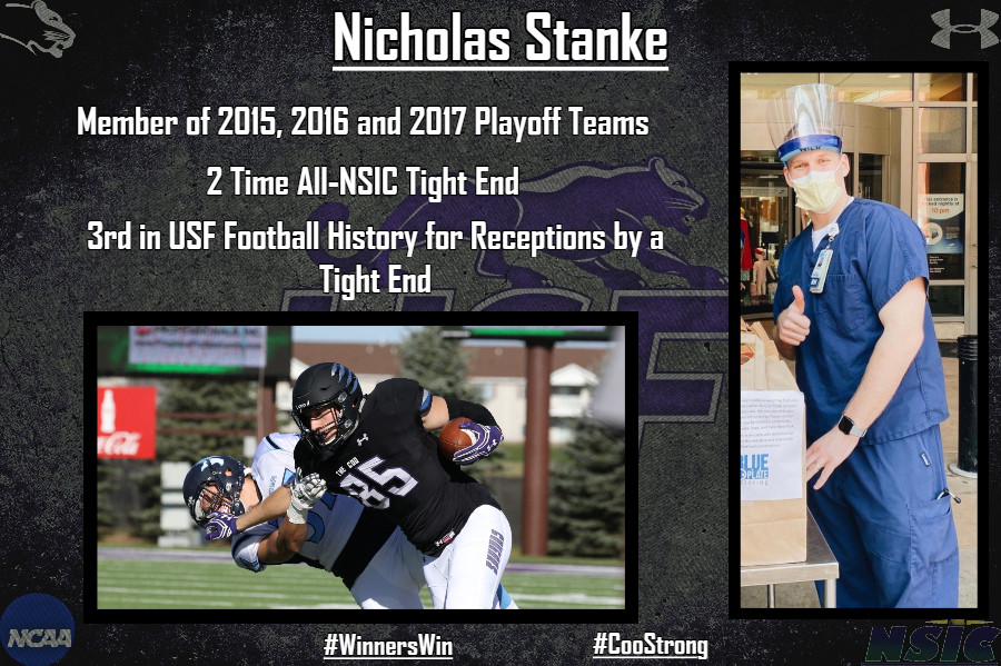 USFCougarsFB's tweet photo. We want to say THANK YOU to a couple of guys who used to play ball here at The Coo! Austin Schaffer and Nick Stanke are serving on the front-lines of COVID-19 as ICU Nurses in there respected hospitals! #CooStrong https://t.co/Ii2TkwB9JL