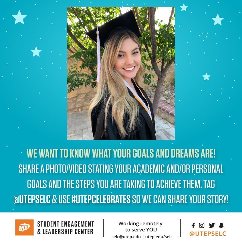 utepgetinvolved's tweet photo. Today is National Reach As High As You Can Day! Post a photo or video sharing your academic/personal goals and how you are working to achieve them! Tag us (@UTEPSELC) and use the hashtag #UTEPCelebrates so we can share your story!
Our graphic is featuring Debbi Leal! https://t.co/J8nrL3AYV2
