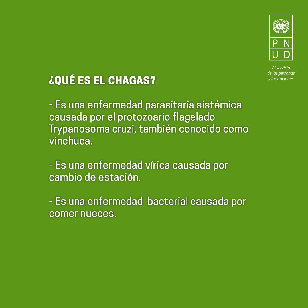 PNUDArgentina's tweet photo. Hoy es el Día Mundial de la Enfermedad de Chagas 👇

¿Cuánto sabes sobre el llamado Mal de Chagas-Mazza? 

Te invitamos a mirar y aprender más con estas trivias. No debemos olvidarnos de esta enfermedad epidémica que afecta a millones de personas en latinoamérica. #ODS3 https://t.co/T41xJnj6UN