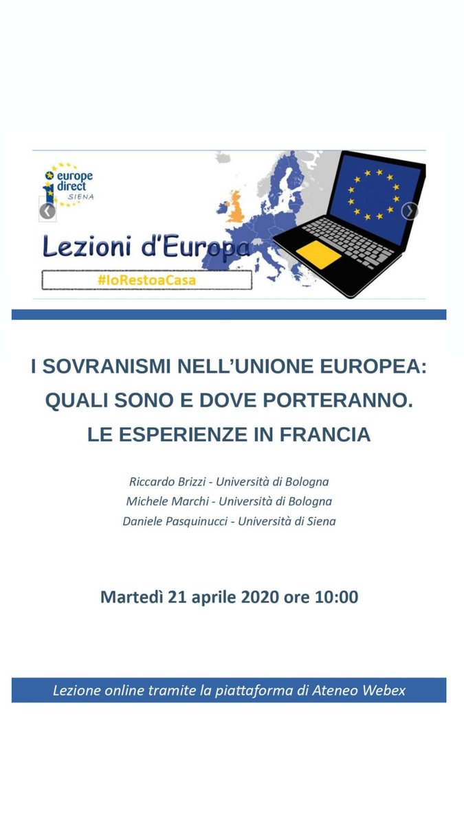 LEZIONI d' EUROPA 2020 #IoRestoaCasa
Prossimo  appuntamento #21Aprile 
"I sovranismi nell’Unione europea: quali sono e dove porteranno. Le esperienze in Francia" con Riccardo Brizzi, Michele Marchi dell'Università di Bologna e Daniele Pasquinucci <a href="/unisiena/">Università di Siena</a> 
Info <a href="/eudirectsiena/">Europe Direct Siena</a>