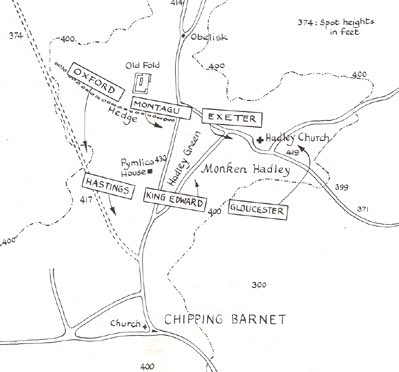 Oxford broke into the flank of Hastings Yorkist men who fled back towards Barnet with Oxford giving chase. King Edward facing Montagu in the centre, was turning into a bitter battle with neither getting the upper hand at this time.