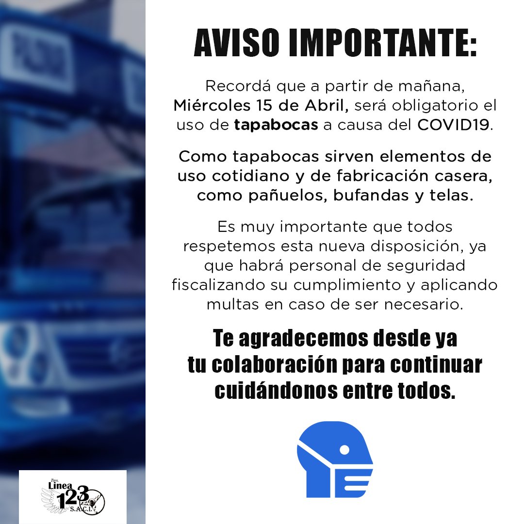 ⚠ AVISO IMPORTANTE: Recordá que a partir de mañana, Miércoles 15 de Abril, es OBLIGATORIO el uso de tapabocas.

Sigamos cuidándonos entre todos 🙌

#transportepublico #linea123 #colectivos #bondi #argentina