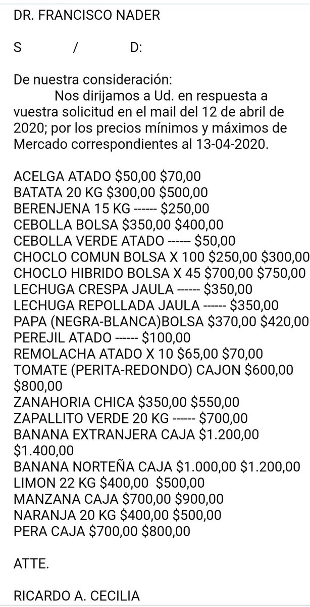 Dando cumplimiento al requerimiento de la DCI, el Mercofrut informa los valores promedio al 13/4 👇
