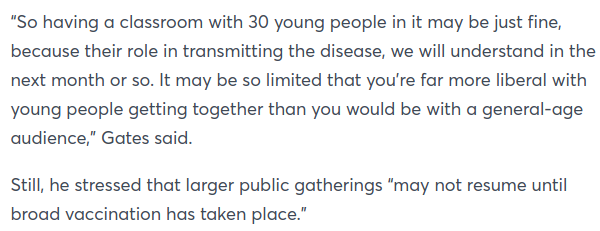 Bill Gates thinks mass gatherings larger than schools won't come back until we have vaccines, which he thinks will take 18 months. https://www.cnbc.com/2020/04/08/bill-gates-how-long-it-may-take-before-americans-are-safe-from-coronavirus.html https://www.businessinsider.com/melinda-gates-coronavirus-interview-vaccine-timeline-2020-4