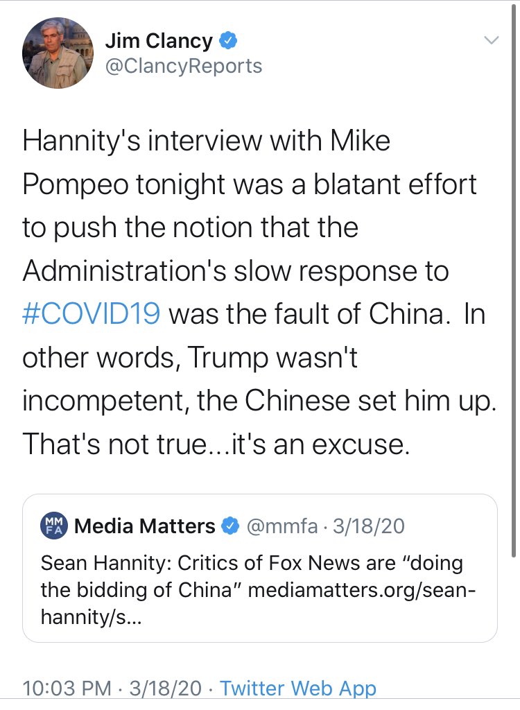 He’s helped cover for China even when Americans have criticized China’s propaganda campaign. Including giving voice to their propaganda minister.