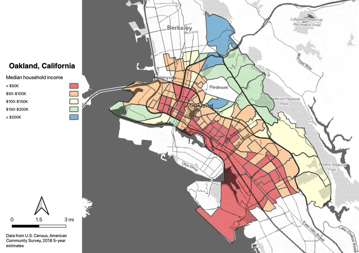 People are learning more about redlining. Those government-sponsored racial divisions still affect every societal ill. See the post for a set of maps; this one is median income, which looks just like the 1937 map. Health, education, crime are the same. 2/