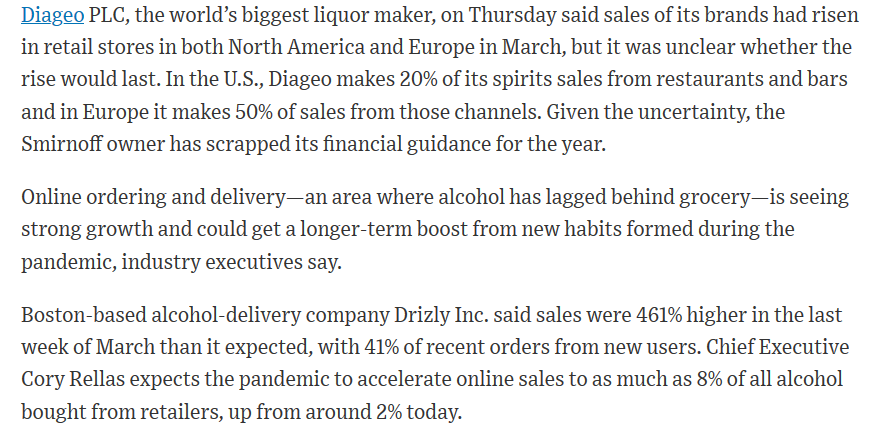 On-premise lower % of  #alcohol sales in US (20%) vs. in Europe (50%) for  $DEOCovid's impact on alcohol: e-comm penetration going up from 2%(!) to 8% https://www.wsj.com/articles/coronavirus-closed-the-bars-america-stocked-the-liquor-cabinet-11586511001?mod=searchresults&page=1&pos=1