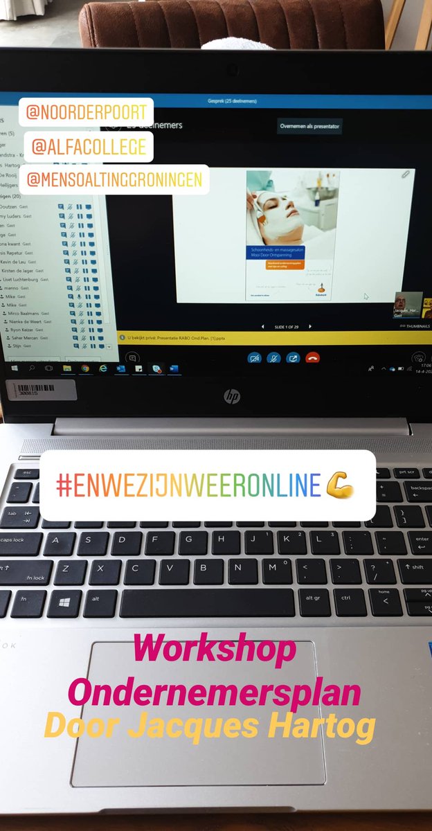 Prachtig!! Alle studenten waren weer online. Enthousiast werden ideeën gedeeld en vragen gesteld. Fijn dat het zo kan en onze workshopgever Jacques Hartog hierin mee wilde werken. Top!
#samentegencorona
<a href="/Noorderpoort/">Noorderpoort</a> 
<a href="/Alfacollege/">Alfa-college</a> 
@mensoalting
