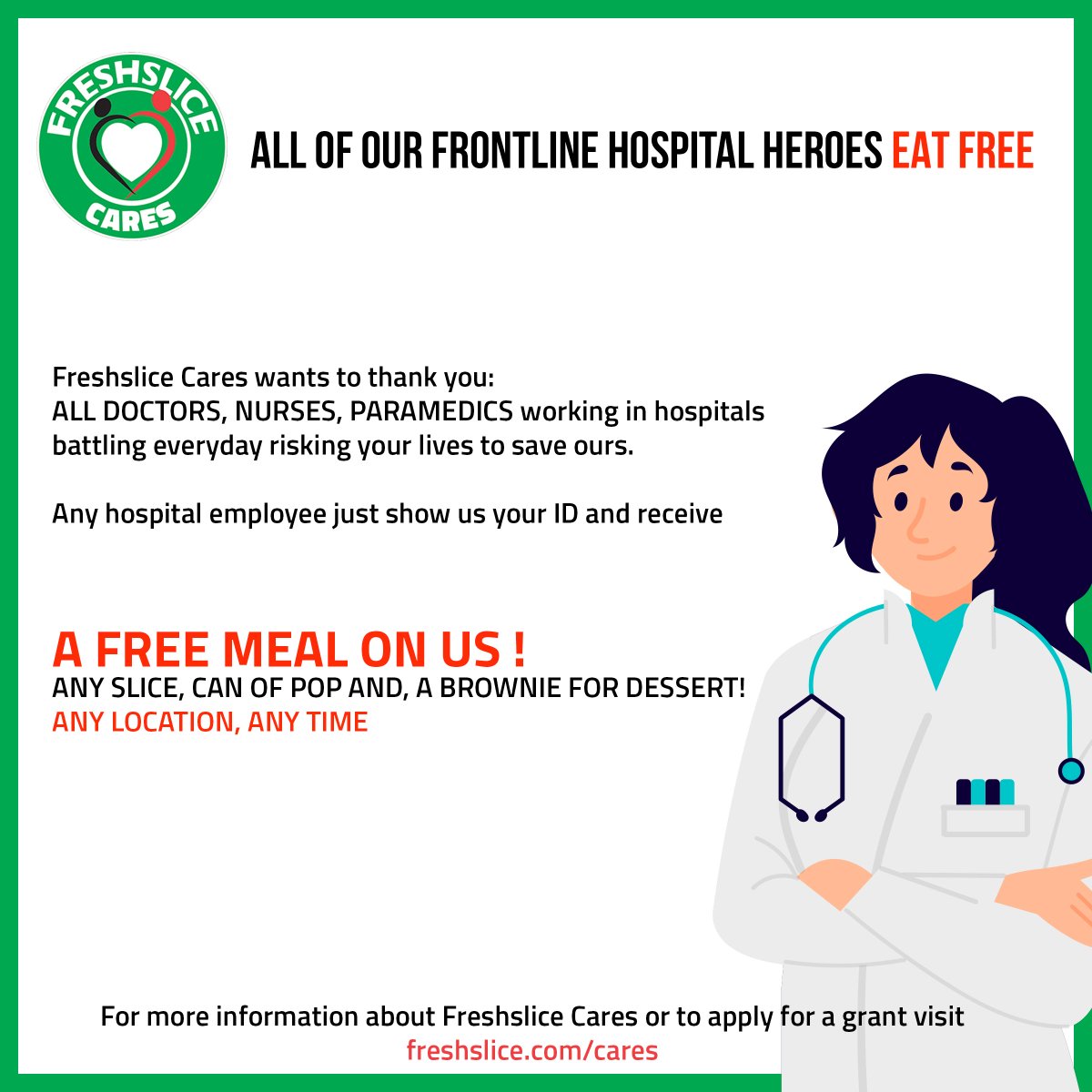 pizzafreshslice's tweet photo. We at Freshslice want to show our appreciation to ALL Hospital Staff.❤
Come by ANY Freshslice location with your valid Hospital ID to receive a FREE meal.🍕
.
.
#Freshslice #FreshslicePizza #Free #FreeMeal #HealthHeroes #HealthcareHeroes https://t.co/Dtc1hCOYgw