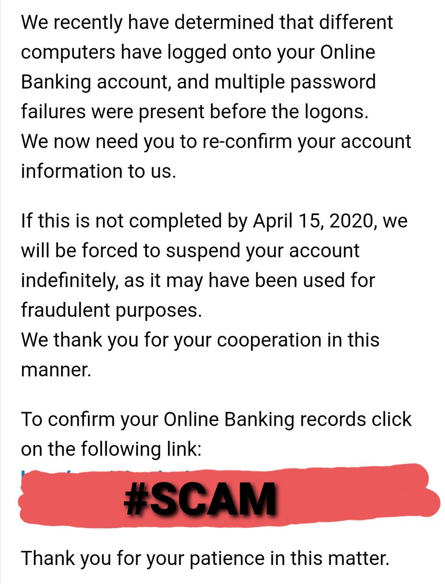 SandashaLPS's tweet photo. If you recieve an email or text message similar to this one...contact your bank and DO NOT CLICK THE LINK! #scam #fraud https://t.co/mjrUtjpQ8z