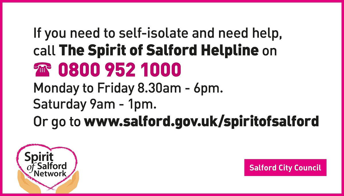 If you're self-isolating and have no support from friends or family call the Spirit of Salford Helpline 0800 952 1000 or visit orlo.uk/mKlh3

#COVID19 #StayHomeSaveLives