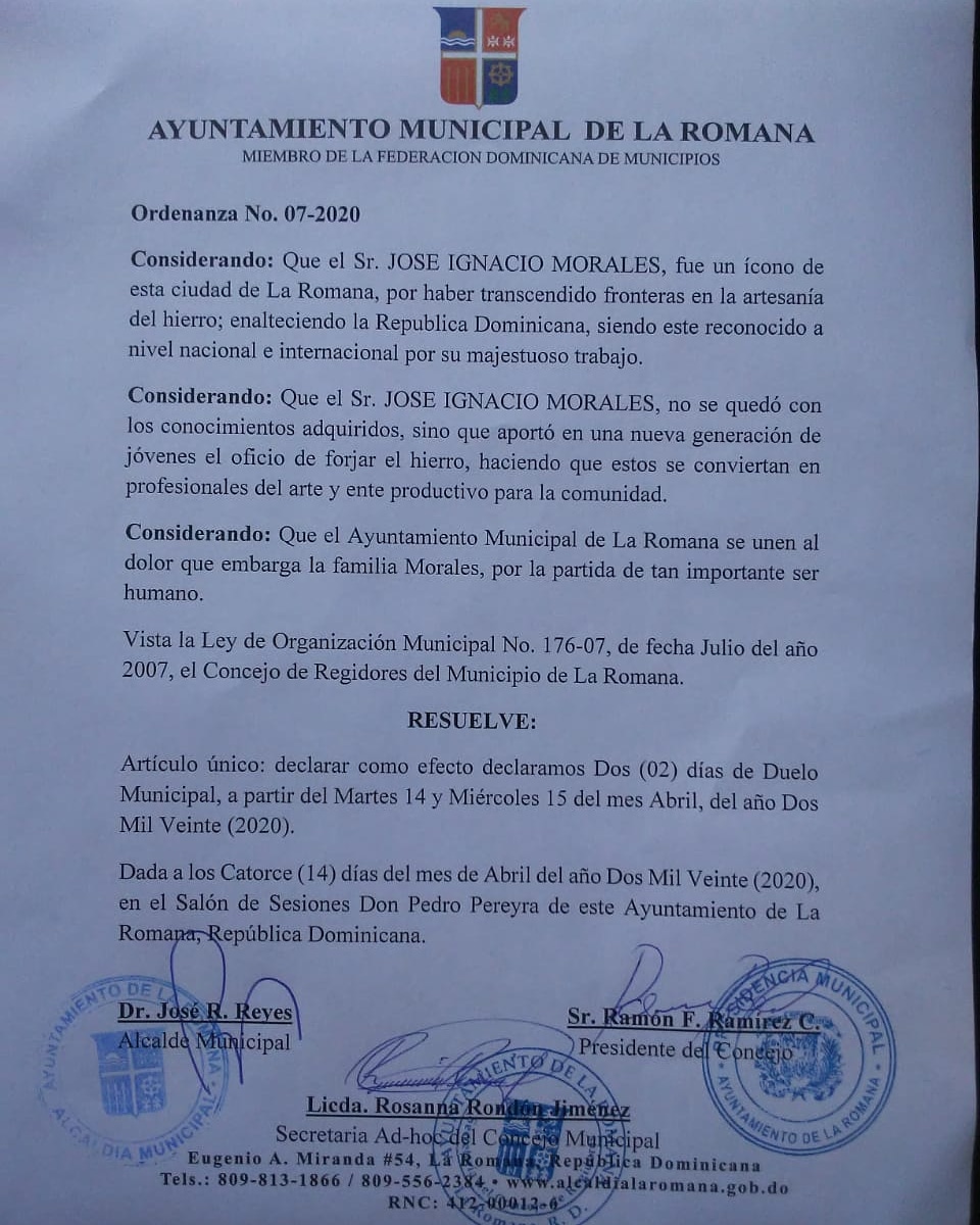 El ayuntamiento de La Romana declara dos días de Duelo Municipal por el fallecimiento de José Ignacio Morales, este martes 14 y el miércoles 15 de abril del año 2020.