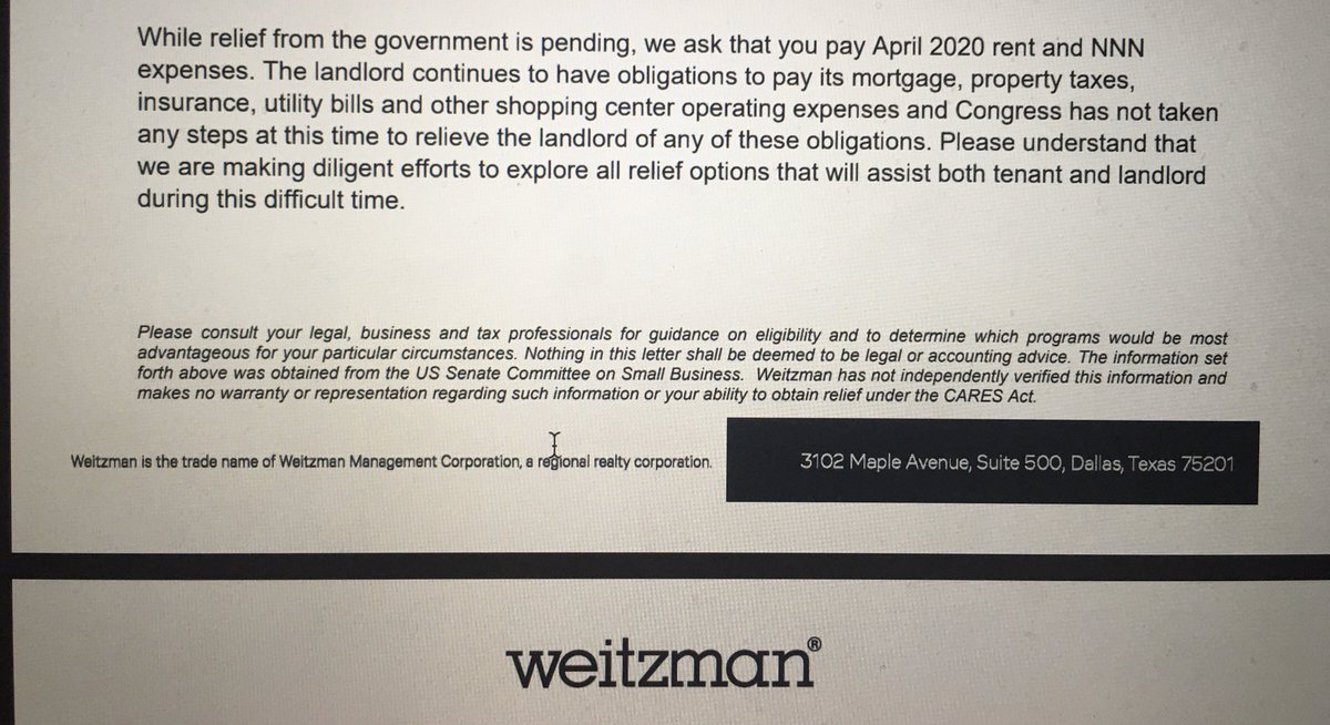 TerryGilg's tweet image. Herb isn’t telling the whole story. @WeitzmanTexas is demanding rent from his store owners that are closed in Dallas. They said “NO” to a deferral, and did not offer any help when asked.  Talk to the tenants and get the real story @SteveBrownDMN