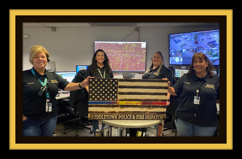 MPDOhio's tweet photo. It's National Public Safety Telecommunicators Week! We are so thankful for our dispatchers. They are the heartbeat of MPD. Without them, we could not function. (Left to right: Deaton, MacDonald, Kirsch, Crank).Special thanks to Darrell Dockery of C &amp; D Custom Creations in Bethel https://t.co/1zpHFRREbA