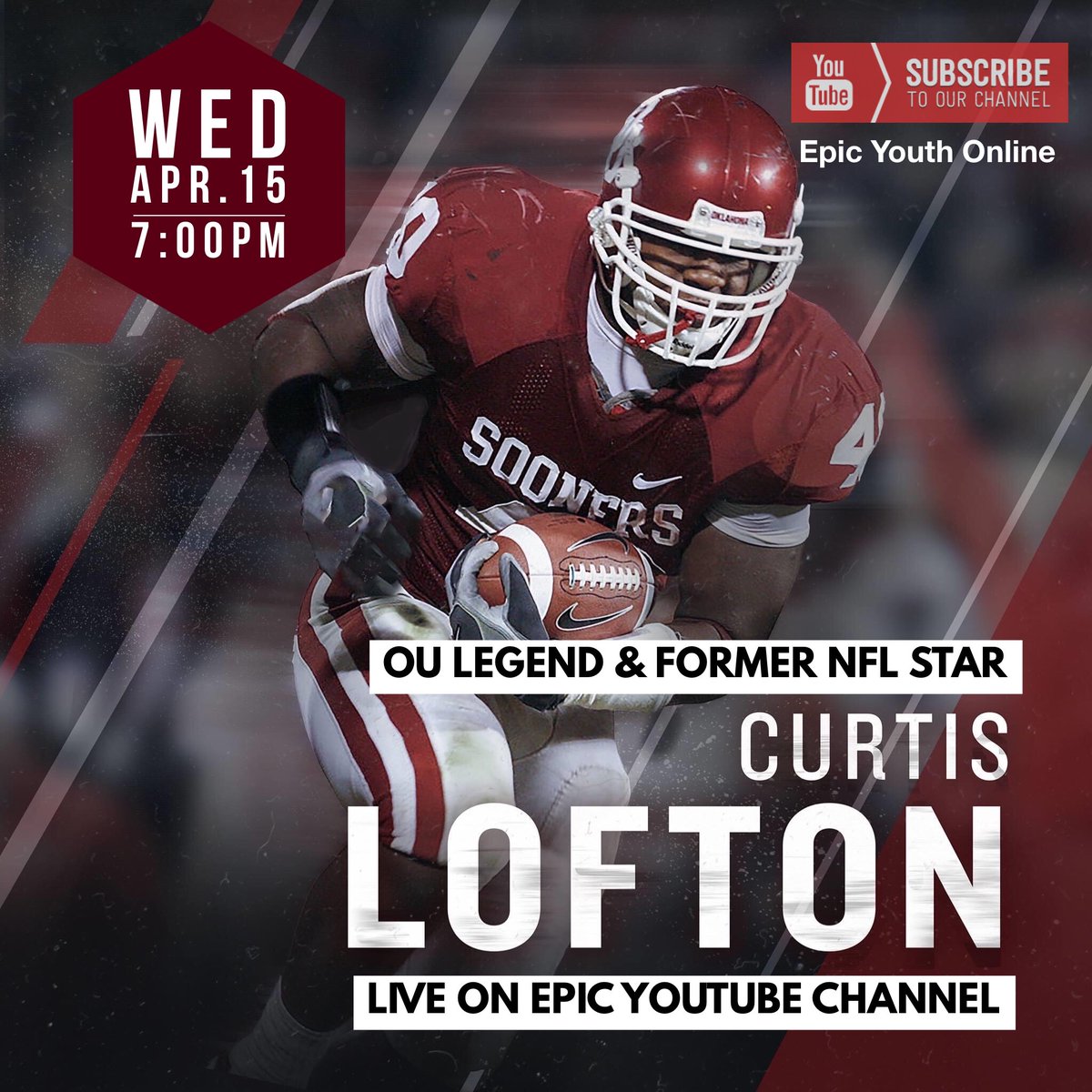 Join us tomorrow night at 7PM on our YouTube platform as we interview Oklahoma Native, OU Legend and NFL great <a href="/curtislofton50/">Curtis Lofton</a> Curtis has an incredible story and you don’t want to miss it. #weareepic #family #boomersooner YouTube: youtube.com/channel/UCJaaR…