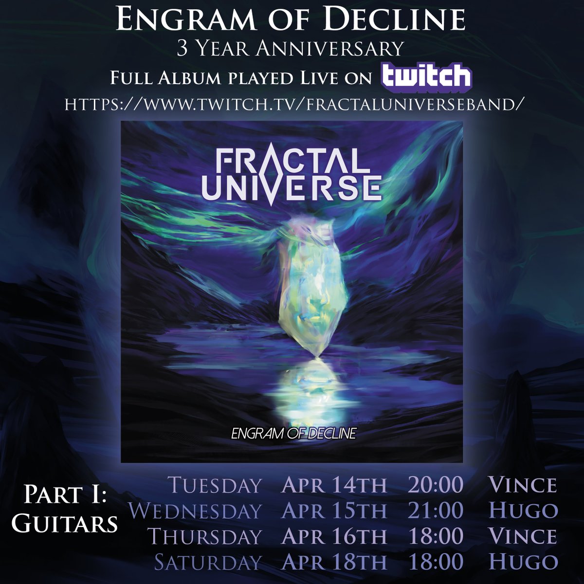 MetalBlade's tweet photo. The guys in @FractalUni will be shredding through their debut album, #EngramOfDecline on @Twitch over the next few days to celebrate the 3-year anniversary! Schedule/link below!
➡️ https://t.co/IkVym12PmW https://t.co/nU25Ml8CTv