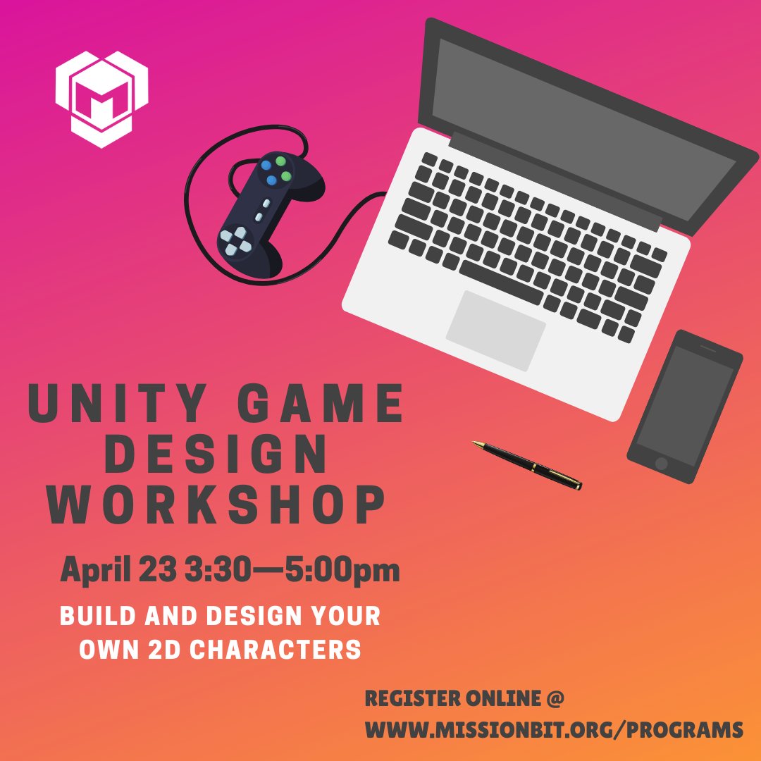 missionbit's tweet photo. MB is going virtual! Join us on Thursday, April 23 for a fun Unity Game Design Workshop written and facilitated by our very own Mission Bit students. They are so excited to share their knowledge with you. See you there! #missionbit #techtuesday #unity #unitygamedesign https://t.co/XC7dOG3yH3