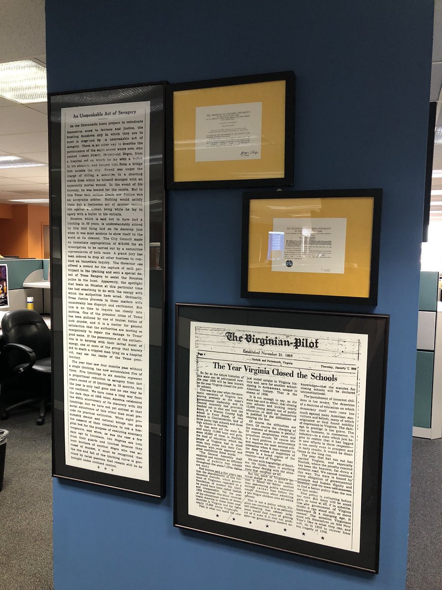 The Pilot’s history dates to the end of the Civil War. The newspaper has won 3 Pulitzer Prizes. They decorate the walls.