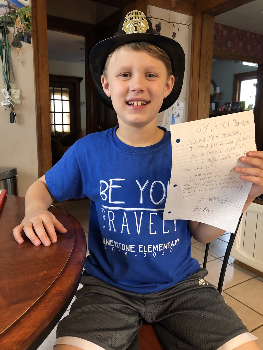 AaronDorksen's tweet photo. One of Arch’s school assignments today was to write a letter thanking first responders for Wooster City Schools spirit week. We’re both grateful for all the first responders, who help keep us safe and healthy. @woostercsd #GoWoo #WoosterWay https://t.co/oavEkPjJMi