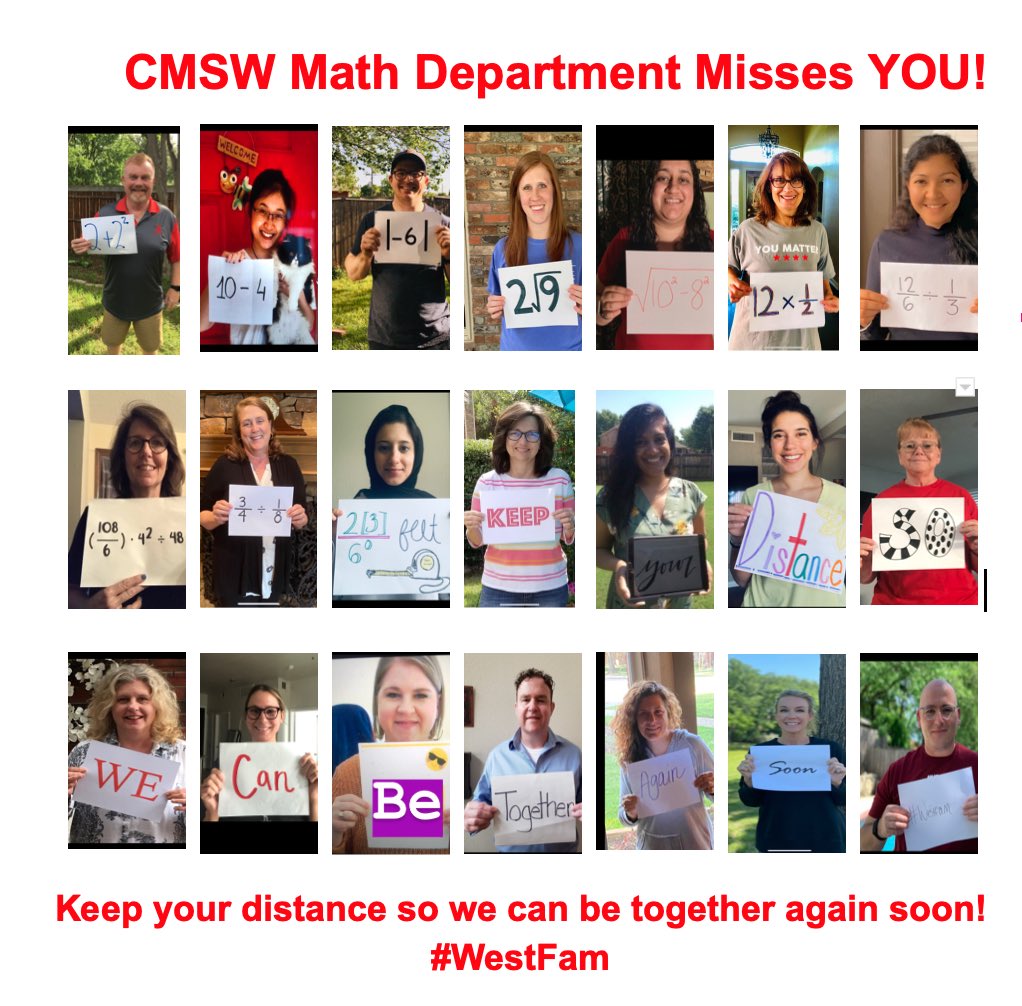 PjetrovicWest's tweet photo. CMSW Math Dept. sending lots of love! ❤️🥰Can you simplify the math expressions? Keep your distance so we can be together again soon! #westfam @CMSWestWrangler @Coppellisd @sthornton_cmsw https://t.co/xTQhs6OD8A