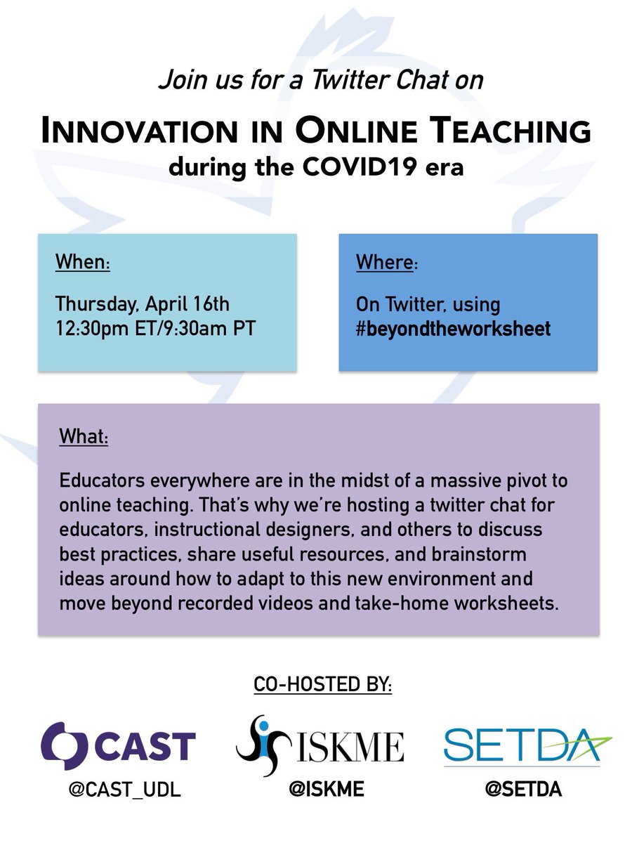 iskme's tweet image. Thrilled to welcome @CAST_UDL and @SETDA as co-hosts on our Twitter chat this Thursday on “Innovation in Online Teaching”, as educators work to pivot classroom practices to remote learning. Share your thoughts using #beyondtheworksheet, starting at 1230ET/930PT. #edtech #edchat