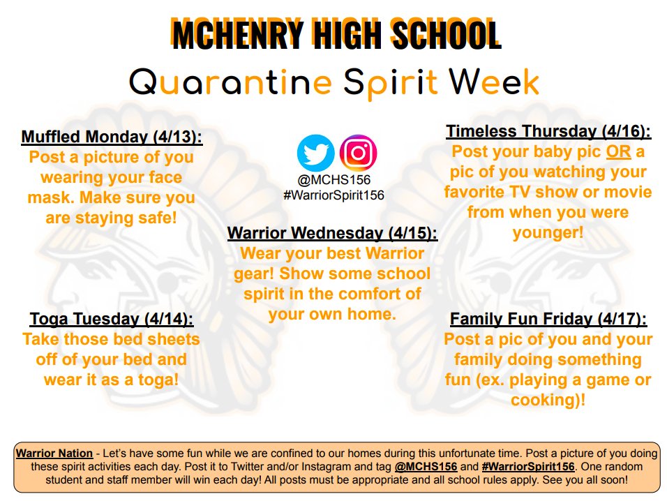 Warriors - Get ready for another virtual spirit week! Here is the plan for the quarantine spirit week of April 13! Lets see your participation virtually!