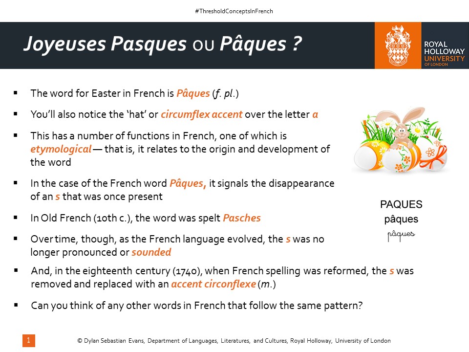 DylSebEva's tweet photo. Whether you’re #learning #French at present or you’ve studied it in the past, you’ll have come across the ‘little hat’ that sits atop vowels in such words as ‘#Pâques’, the French for ‘#Easter’, but what does a #circumflex accent actually mean?  #Francophile #HomeSchoolingUK #MFL https://t.co/kbstGXWyCU