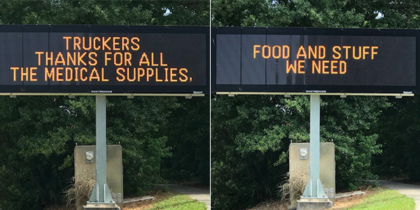 TransportTopics's tweet photo. Normally dedicated to traffic advisories, the message sign at the Lake Pontchartrain Causeway in Louisiana gives thanks to #truckers instead. @TruckinginLA  #ThankATrucker. #TRUCKINGdotORG More ways America is thanking truckers: https://t.co/KCFqelz9IV https://t.co/5UkRfHatV9