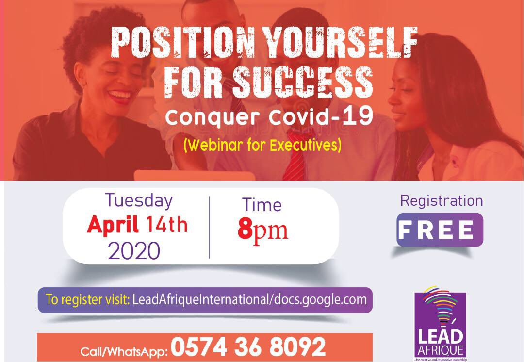 TishOheneEffah's tweet image. We are live this evening to support you to #ReventYourself #PositionYourselfForSuccess #ConquerCOVID19 with @mikeoheneeffah hosted by @LeadAfrique. Join us by contacting the number below.