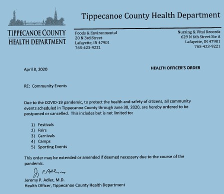 The Tippecanoe County Health Department would like to apologize for guidance that was posted and went out this morning.  Unfortunately, we sometimes make mistakes. Please see the press release along with the guidance on Community Events!