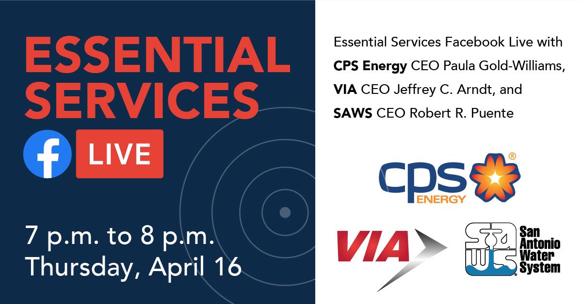We strive to put #PeopleFirst!

Tune in THURSDAY, Apr. 16 @ 7PM for a Facebook Live with our President &amp; CEO <a href="/Paula_GW/">paula</a>, <a href="/MySAWS/">𝐒𝐀𝐖𝐒 🎁🫔🥳</a> CEO Robert Puente &amp; <a href="/VIA_Transit/">VIA Metro Transit</a> CEO Jeff Arndt as we share how we’re providing essential services for #SanAntonio during #COVID19. 

#StayStrongSA