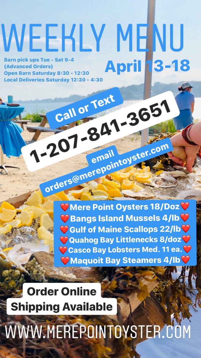 MerePointOyster's tweet photo. We have been offering a weekly seafood menu (M-Sat. barn pick ups and Saturday deliveries). We are thankful to be able to help fishermen and farmers continue to sell their catches and harvest locally during these uncertain times. #eatlocal https://t.co/zlFTKxqVkF