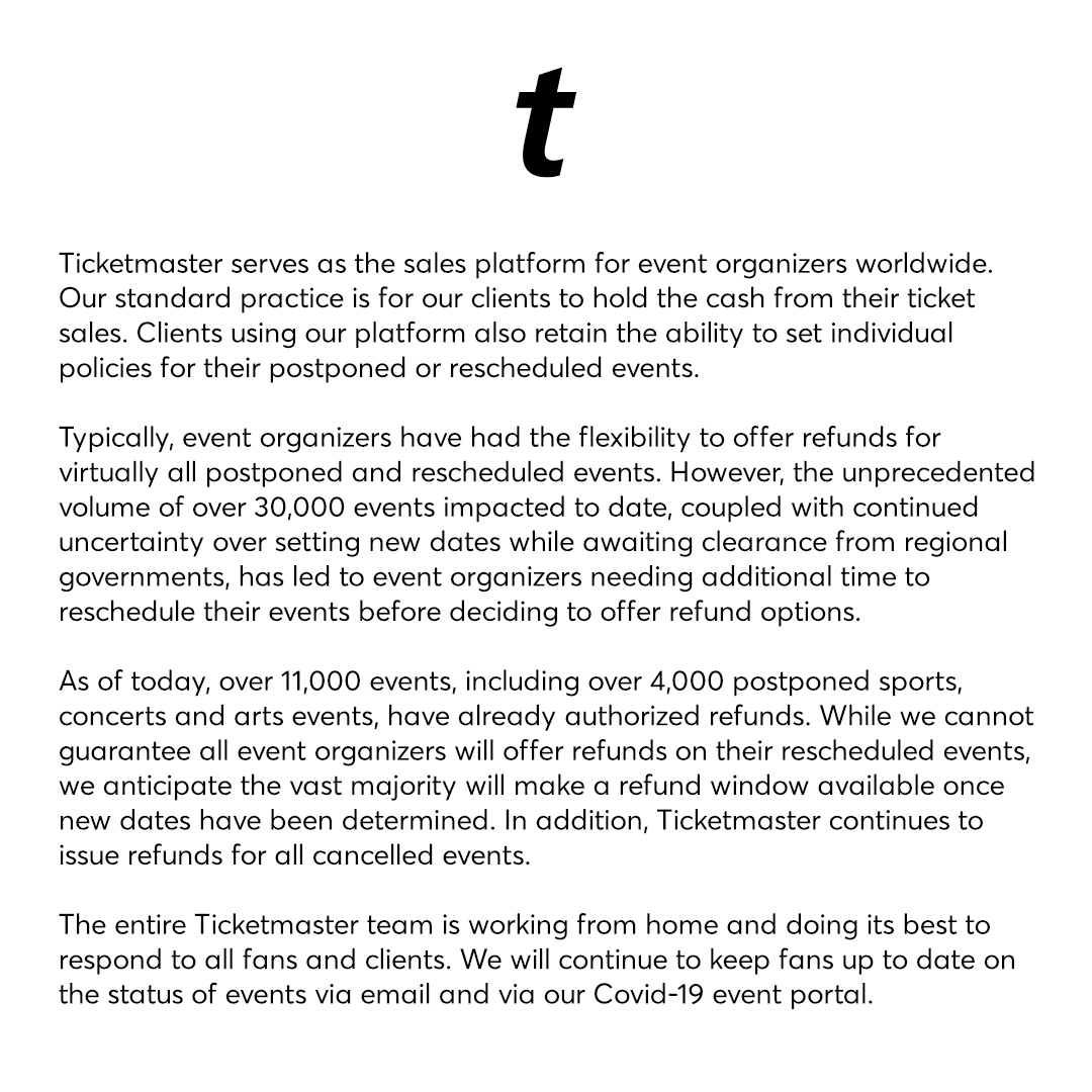 An update on questions about event refunds. We will continue to keep fans up to date on the status of events via email and our Covid-19 event portals. Canada: bit.ly/2V8nqqC US: bit.ly/2QmcjaT