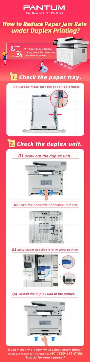 PantumPrinter's tweet photo. 🤯#PaperJam is always an annoying problem when using #printers. Here is a #tip of cutting down paper jam rate under duplex printing mode. 
Pantum #PrinterExpert Lesson 21
#business #office #smb #howto https://t.co/J45O3bpHEb