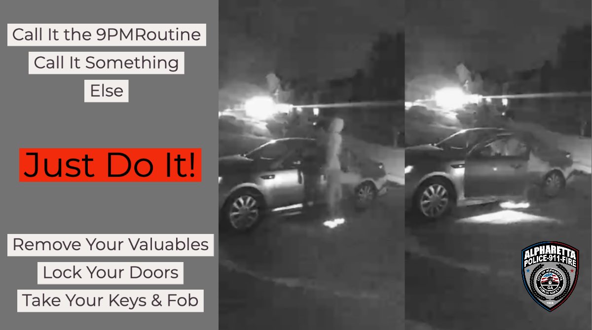 AlpharettaDPS's tweet image. It takes a few seconds for thieves to break into your car, it takes less time when you leave it unlocked, they get the car and your valuables when you leave the keys and fobs in it.

#BeSafeAlpharetta #9PMRoutiine #RemoveValuables #LockItUp