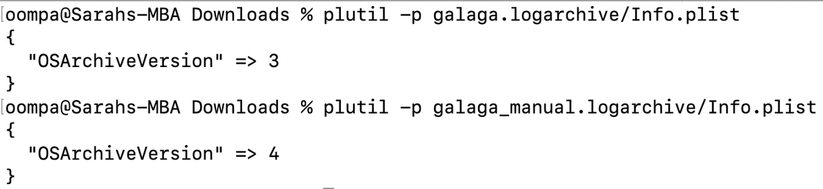 Forensic Quandry-Trying to "update" a Unified Log archive from version 3 to 4 to parse on 10.15 and I'm getting different timestamps (albeit slightly different). Created via cp -R diagnostics/uuidtext. galaga.logarchive on 10.14 while galaga_manual.logarchive on 10.15. Thoughts?