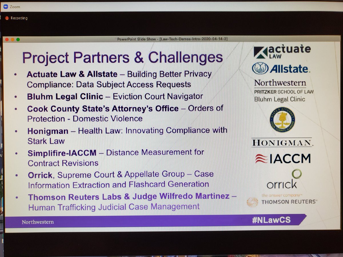 We're proud to partner with <a href="/NLawBizTech/">Northwestern Law and Technology Initiative</a> and <a href="/Allstate/">Allstate</a> on developing a cool new tool as part of the 2020 Innovation Lab Law and Technology Demos -- which are happening now! Thanks to <a href="/JeffSharer/">Jeffrey Sharer</a> and <a href="/MartinTully/">Martin Tully</a> for leading the firm's effort. #NLawCS #innovationforward