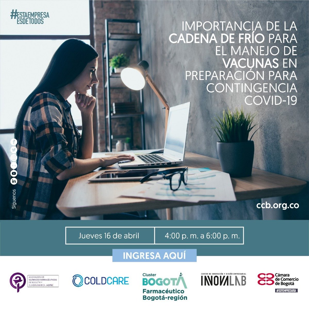 #Jueves "Importancia de la cadena de frío para el manejo de vacunas en preparación para contingencia COVID-19 " un webinar de #ClusterFarma, #AQFBC y #Coldcare.
 
Jueves 16 de abril 
🕰4:00 p. .m. 
Inscríbete aquí bit.ly/3b9mqbt #InnovalabCCB 
#EstaEmpresaEsDeTodos