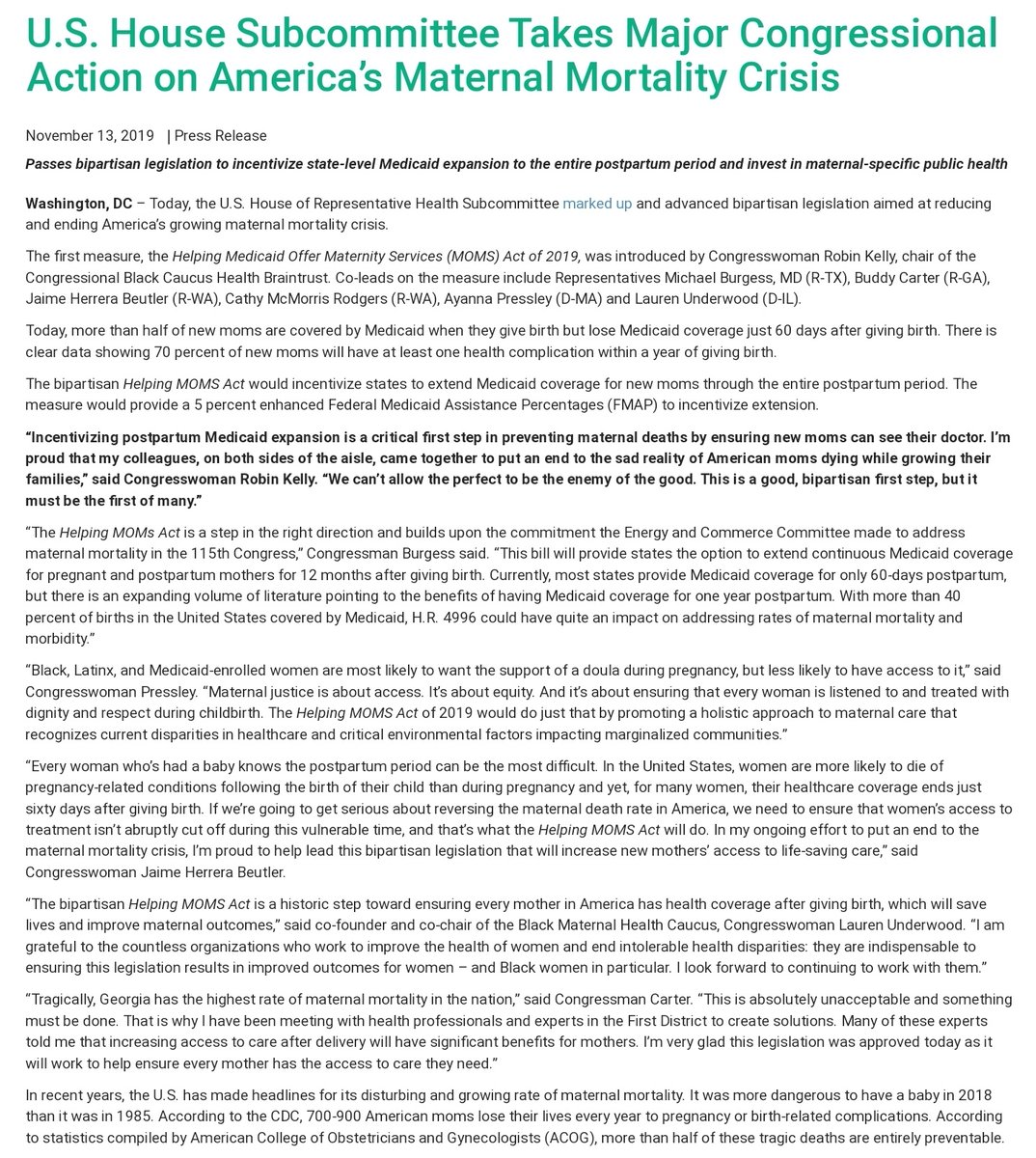 Helping Medicaid Offer Maternity Services (MOMS) Act of 2019 introduced by Rep. Robin Kelly & co-lead by Rep. Lauren Underwood, Rep. Ayanna Pressley et all passed in the House Health Subcommittee. The bill incentivizes postpartum Medicaid expansion.  #BlackMaternalHealthWeek 11/