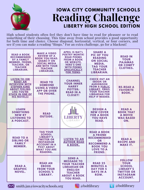 ColbertJust's tweet photo. Thanks @boltlibrary for sharing the Liberty Reads Bingo challenge card. Hopefully everyone is taking advantage of the extra time at home by reading. @LibertyHS_Kibby #ICCSDTogether #BoltsTogether https://t.co/hJsE23bYKr